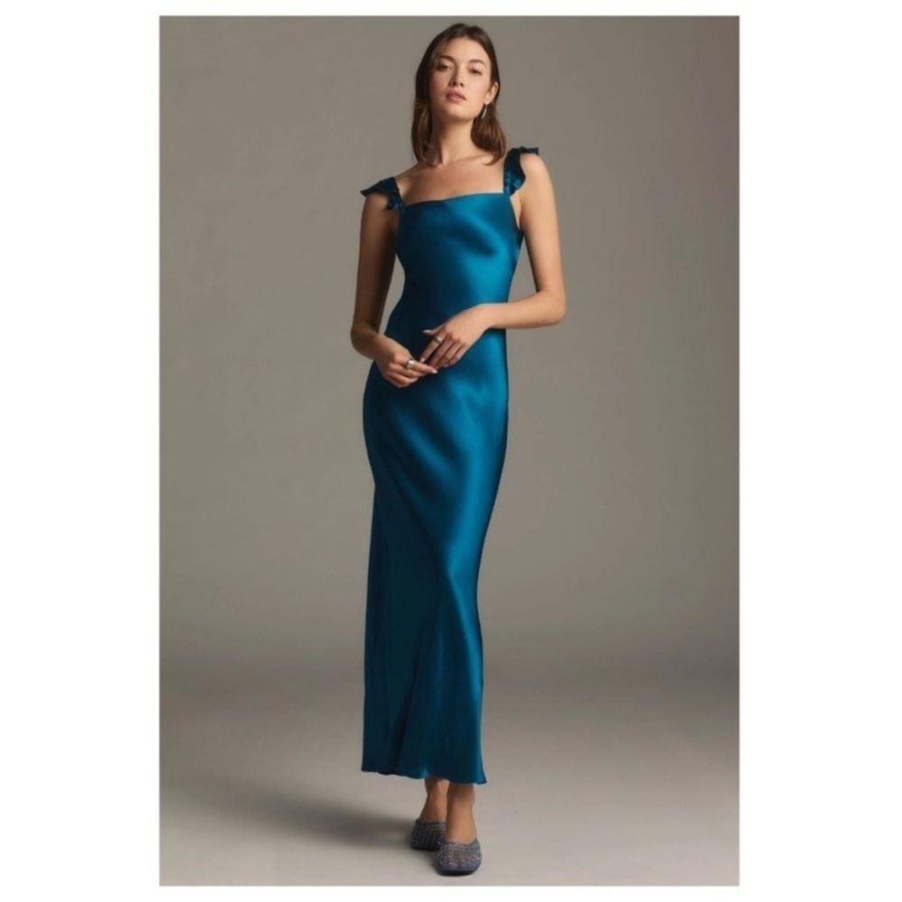 Anthropologie Flutter-Sleeve Square-Neck Maxi Event Dress Blue Women XL $158
